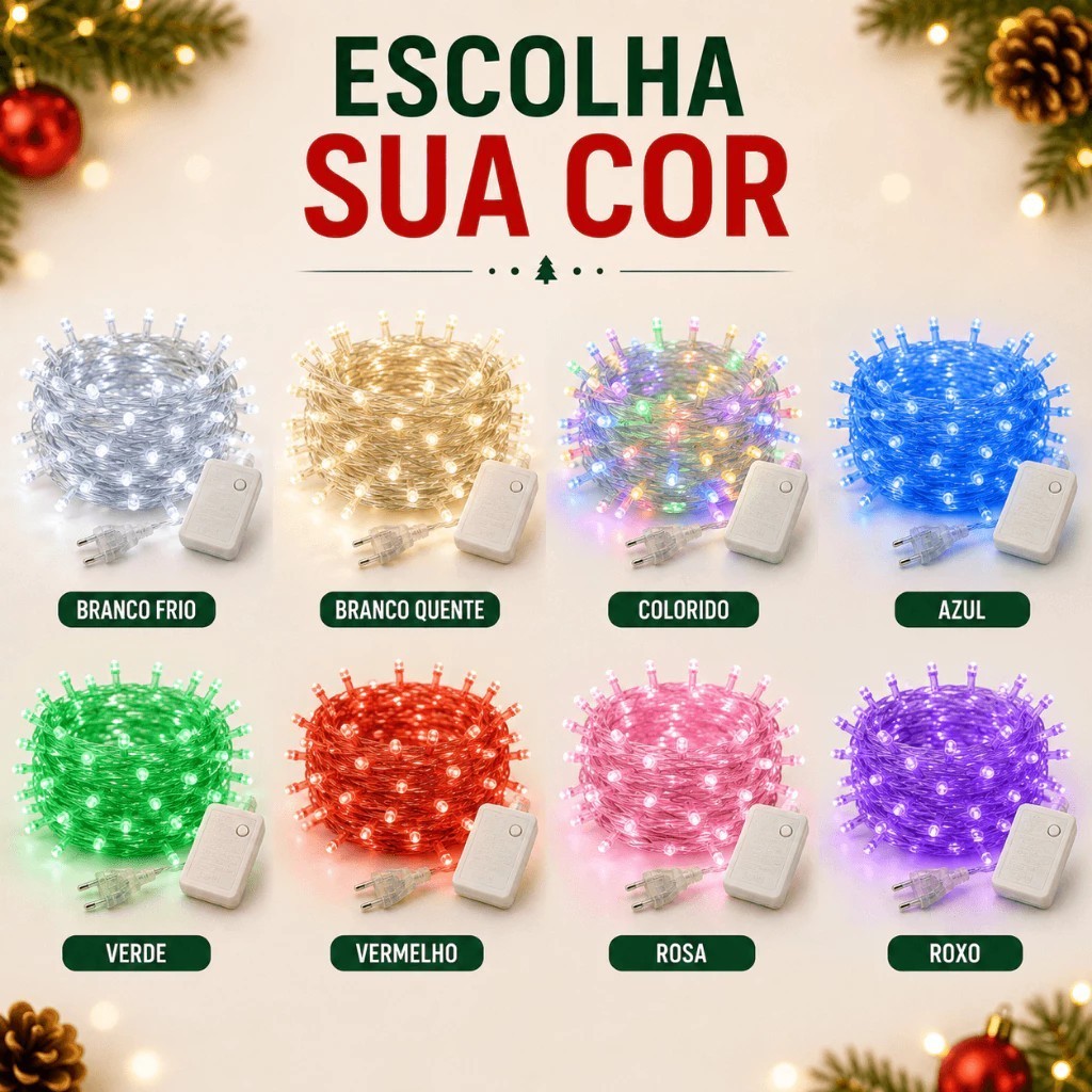 Pisca Pisca Natal Cordão 100 Leds 10m 8 Funções Varias Cores 110v/220V