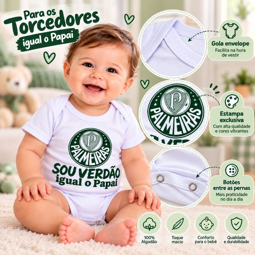 Body Bebe Palmeiras Sou Verdão Igual o Papai Infantil Torcedor Algodão Manga Curta Mesversário Futebol — imagem 2 de 2