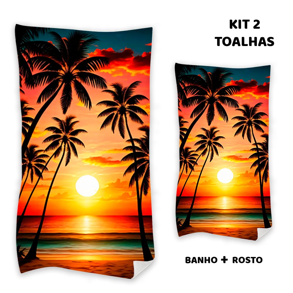 Kit 2 Toalhas Felpudas de Banho e Rosto Tropical com Paisagem Estampada 1 Banho 1 Rosto