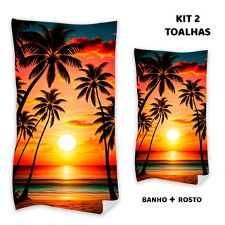 Kit 2 Toalhas Felpudas de Banho e Rosto Tropical com Paisagem Estampada 1 Banho 1 Rosto