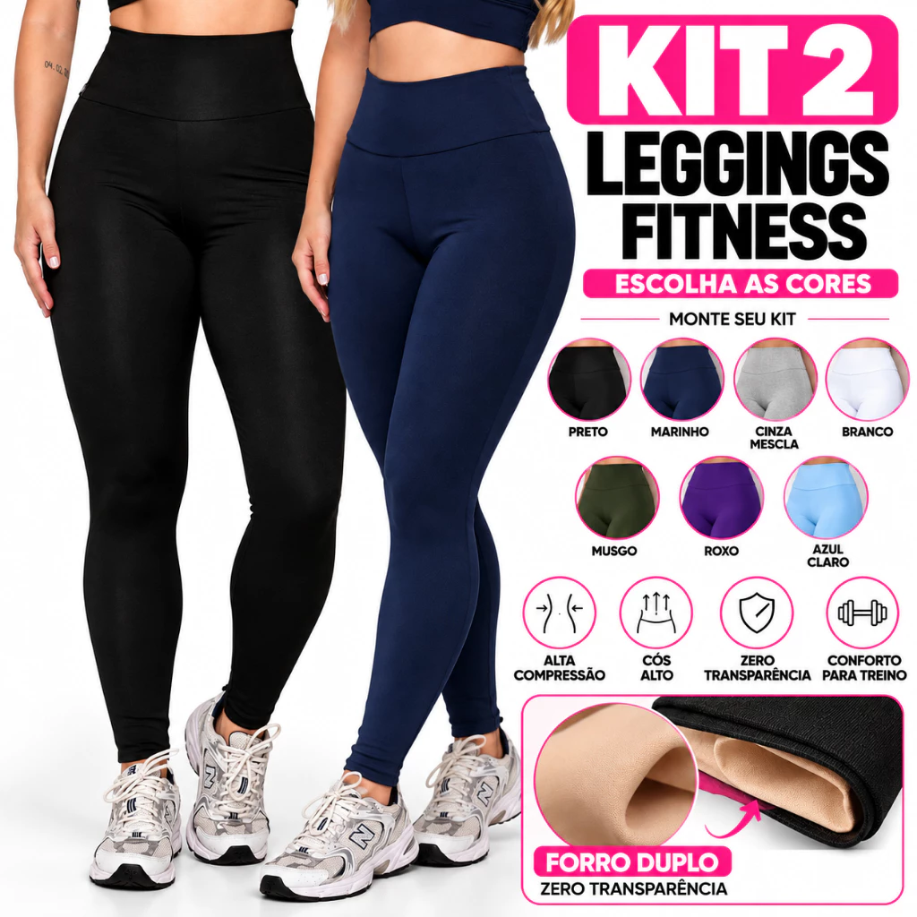 Kit 2 Calças Legging Academia Fitness Grace Treino Forro Duplo Feminina AQN SPORT