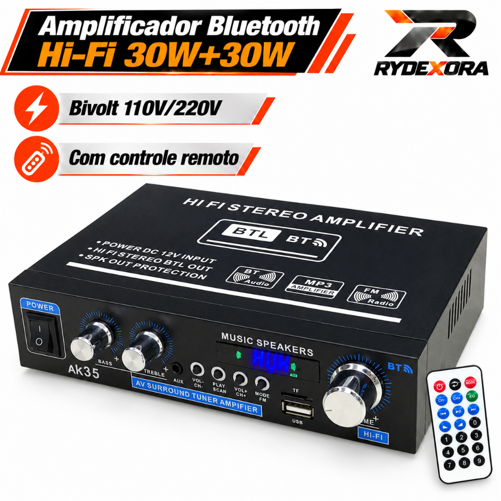 Amplificador De Som Bluetooth 110V 220V Bivolt 30W+30W Hi-Fi Mini Digital FM USB 2.0 Canais Controle Remoto