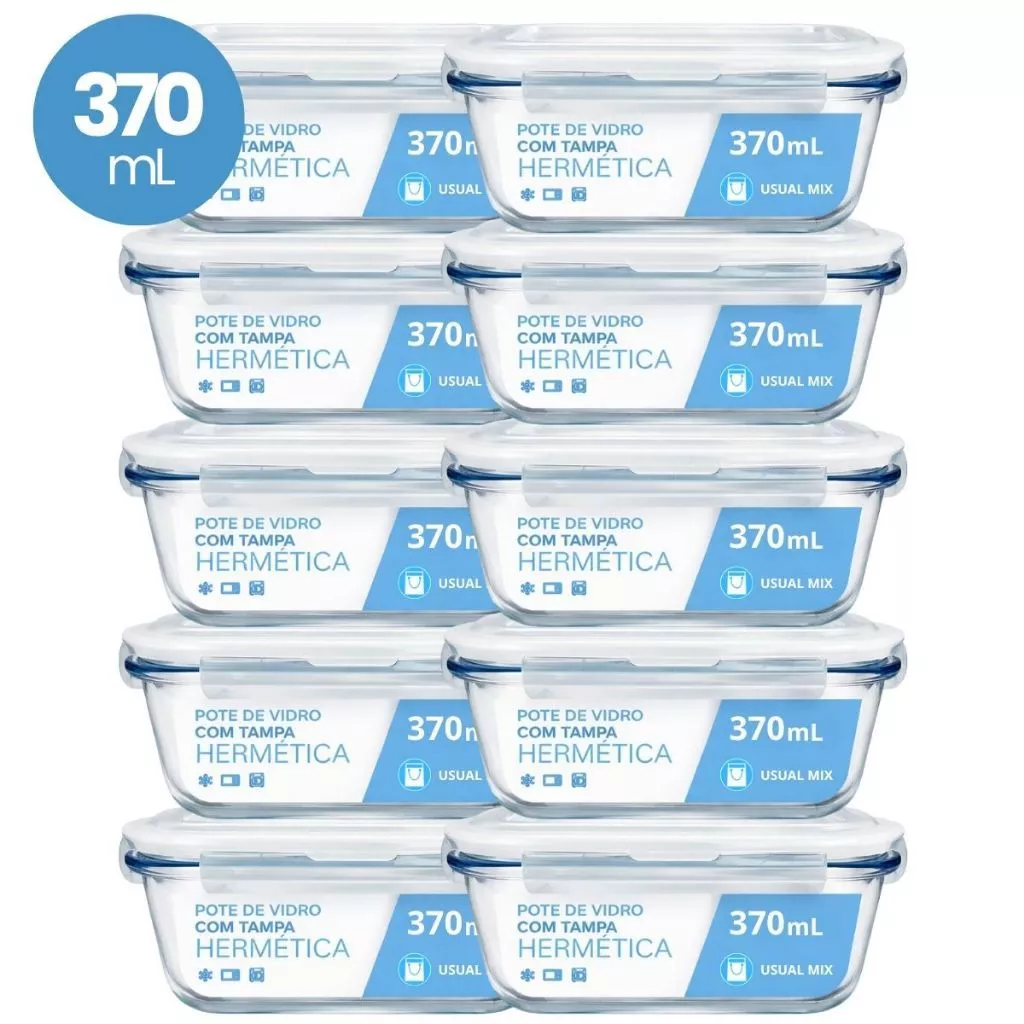 Kit 10 Pote Vidro Hermético Marmita 370ml Micro-ondas Freezer Forno Organização Geladeira — imagem 1