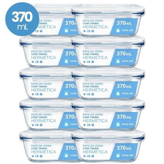 Kit 10 Pote Vidro Hermético Marmita 370ml Micro-ondas Freezer Forno Organização Geladeira