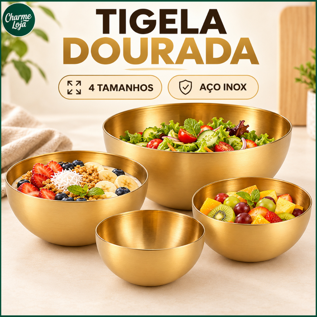 Kit 4 Bowls Stainless Steel Gold Bowl Set, Gold Finish, Multipurpose Kitchen, Various Sizes