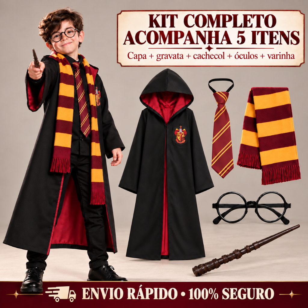 Fantasia Infantil Harry Potter Bruxo Mago Completa Varinha Óculos Gravata Cachecol Halloween Cosplay