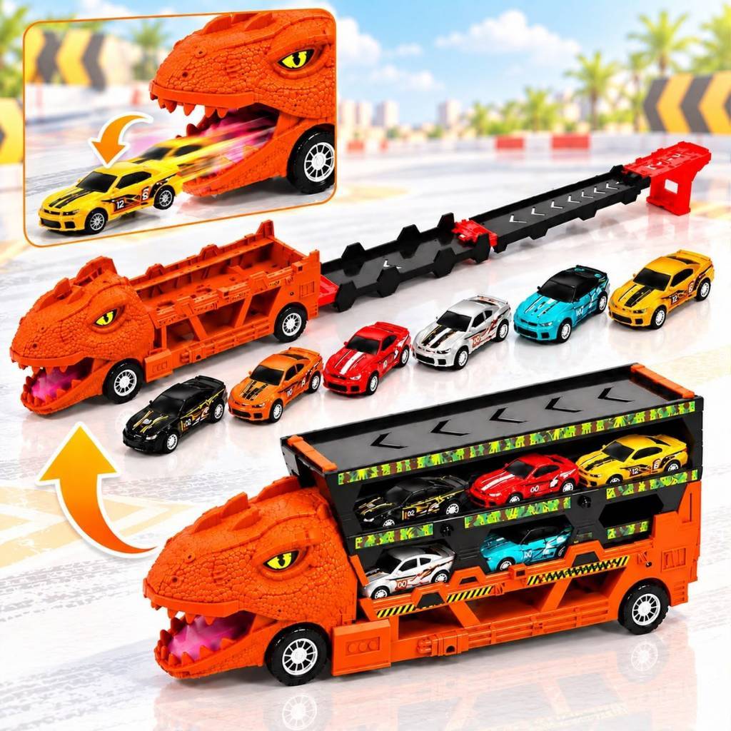 Caminhão Dinossauro T-Rex Engole Carrinhos Com 6 Carrinhos E Pista Rampa Infantil - Brinquedo Dinossauro Lançamento