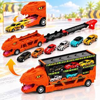 Caminhão Dinossauro T-Rex Engole Carrinhos Com 6 Carrinhos E Pista Rampa Infantil - Brinquedo Dinossauro Lançamento