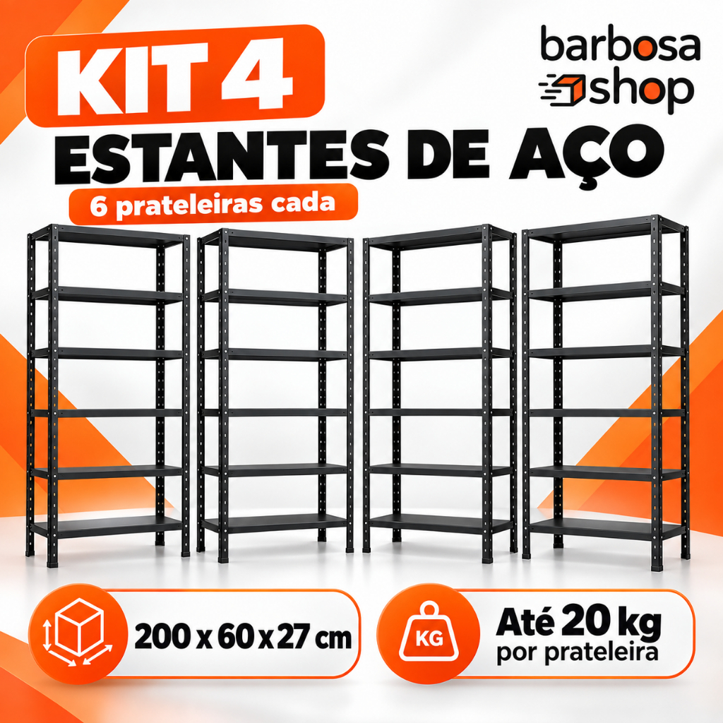 Kit 4 Estantes de Aço 6 Prateleiras 60cm Para Livros Loja Estoque Multiuso