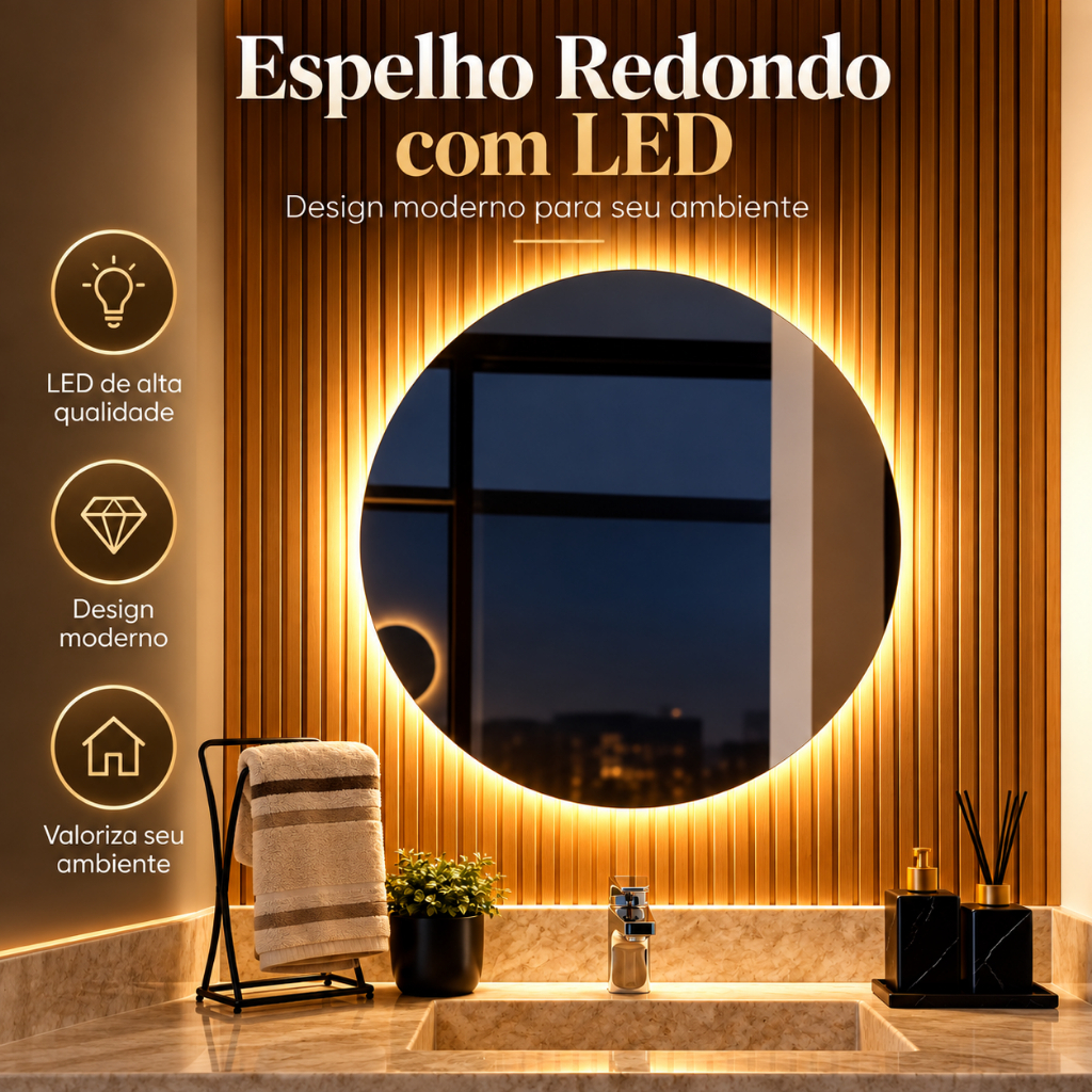 Espelho Redondo Lapidado LED Para Maquiagem Banheiro Quarto Sala + Suporte de Fixação