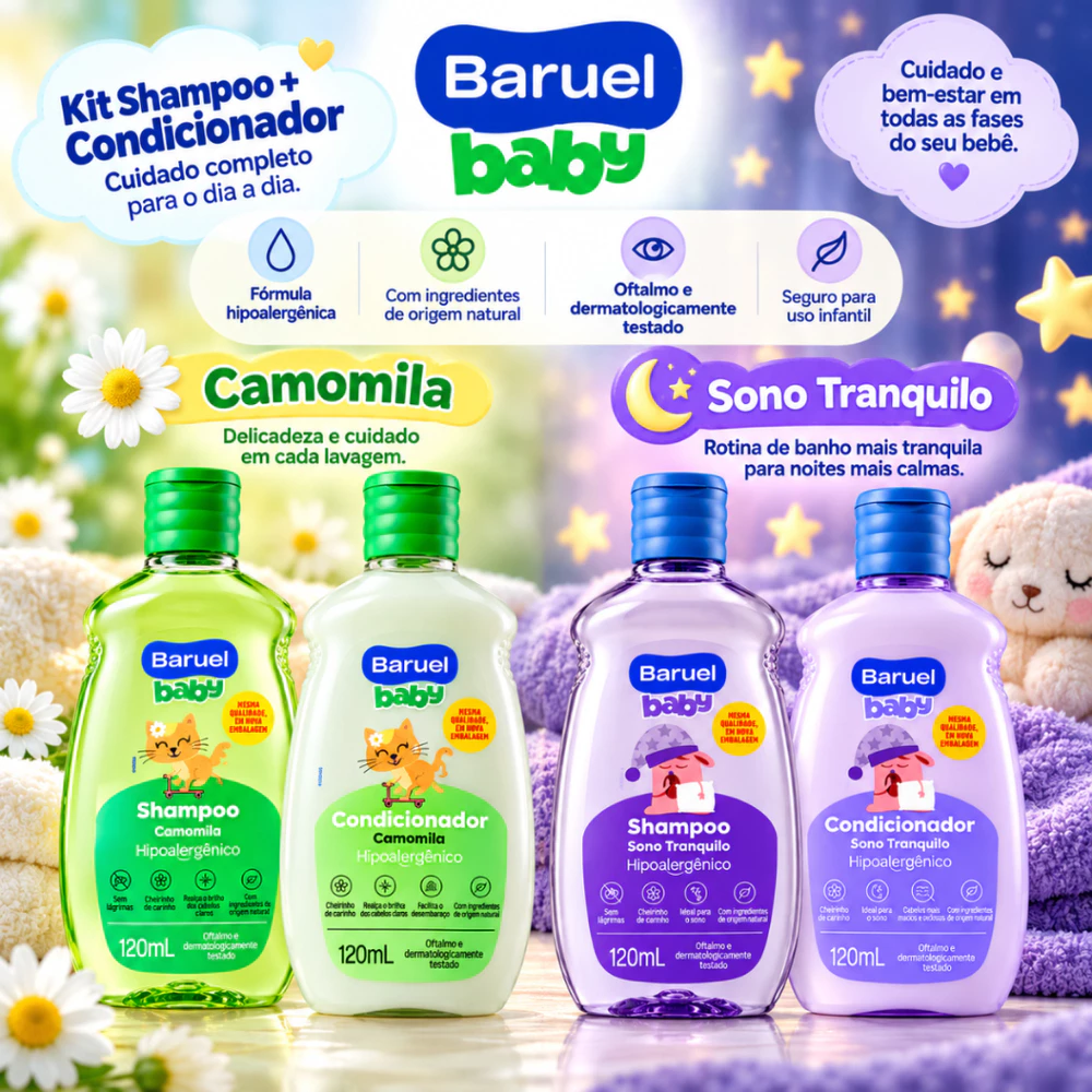 Kit Shampoo + Condicionador Infantil Camomila, Sono Tranquilo OU Suave Baruel Baby 120ml Cuidado com o seu Bebê