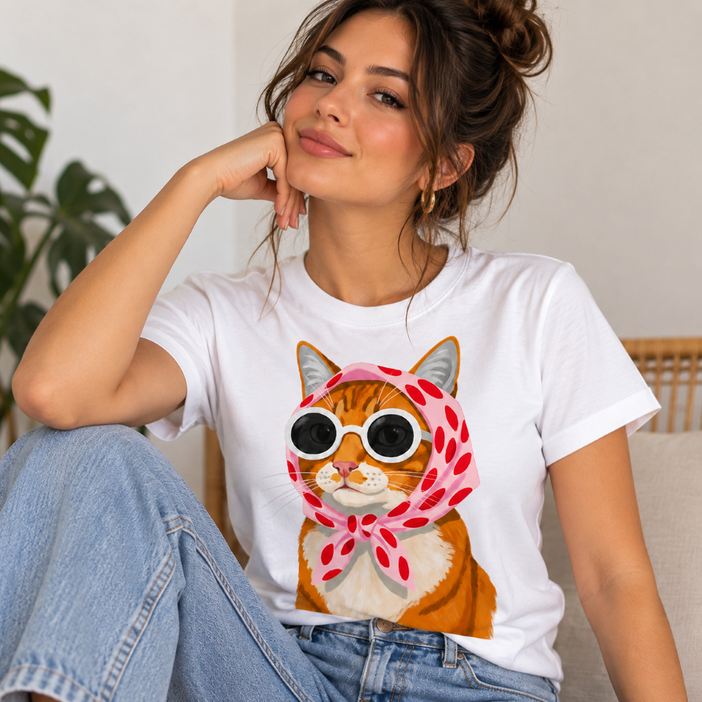 Camiseta Feminina Gatinho Fofo Estampada Baby Look T-Shirt Casual Algodão Confortável Moda Feminina