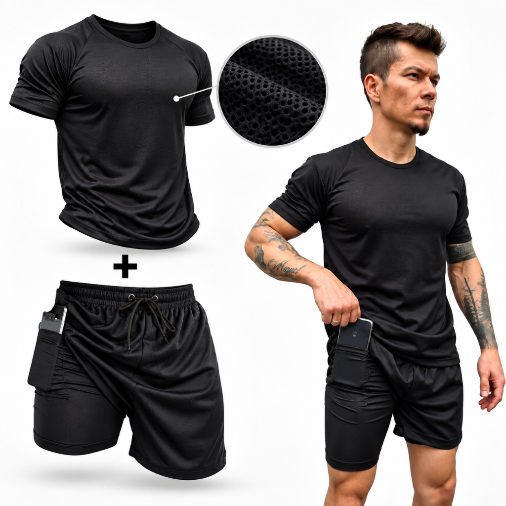 Conjunto Academia Short 2 Em 1 + Camiseta Dry Fit Masculino