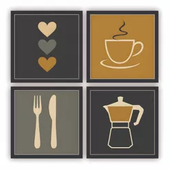 Kit 4 Quadros Decorativos Café Xícara Cozinha Cantina Copa 18x18