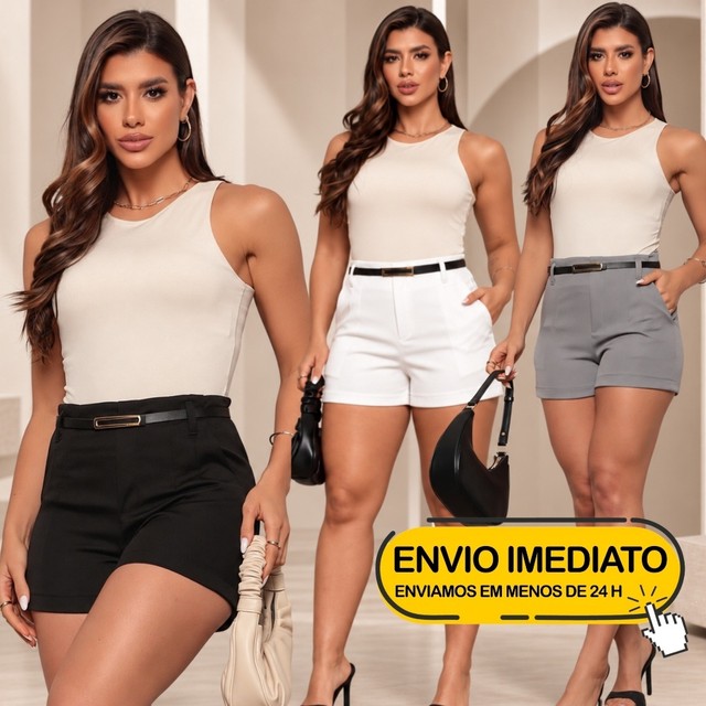 Short Feminino Alfaiataria Social com Cinto cintura alta com bolso tendência
