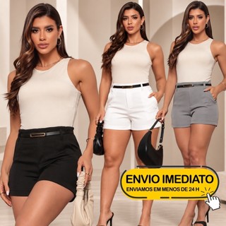 Short Feminino Alfaiataria Social com Cinto cintura alta com bolso tendência