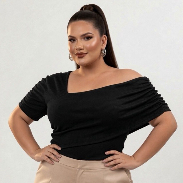 Blusa Plus Size Feminina Elegante Transpassada Manga Curta Canelada Elegante Casual G1 G2 G3