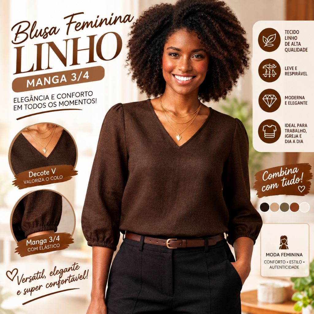 Blusa Feminina Linho Manga 3/4 Verona Decote V Social Elegante Moda Evangélica Casual Trabalho