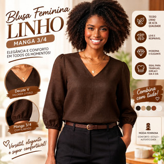 Blusa Feminina Linho Manga 3/4 Verona Decote V Social Elegante Moda Evangélica Casual Trabalho