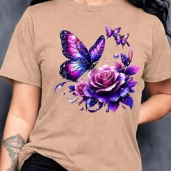 Camiseta Feminina Borboleta e Flores Básica 100% Algodão