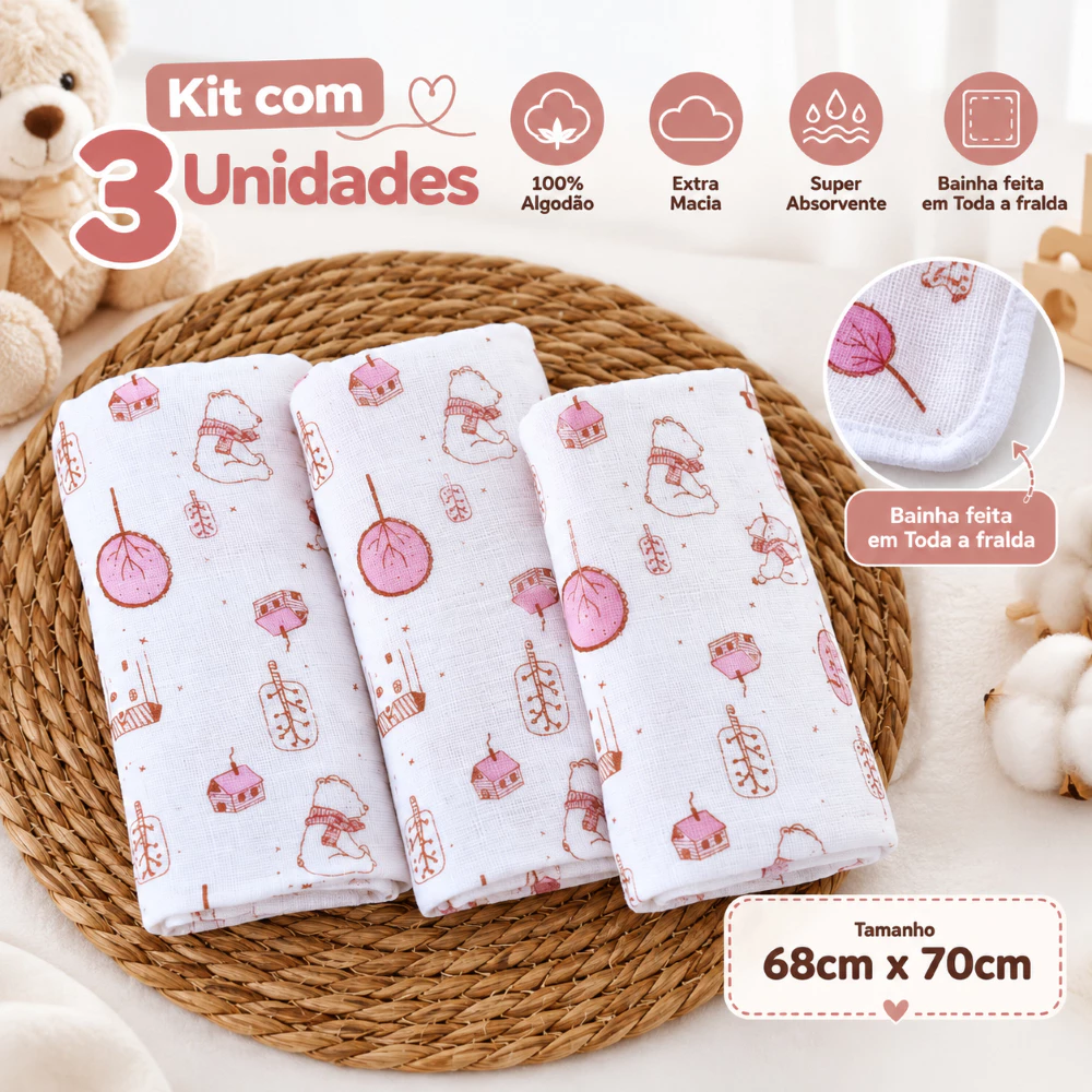 Kit 3 Fralda Pano de Ombro Bebe Com Bainha 100% algodão camada dupla enxoval maternidade