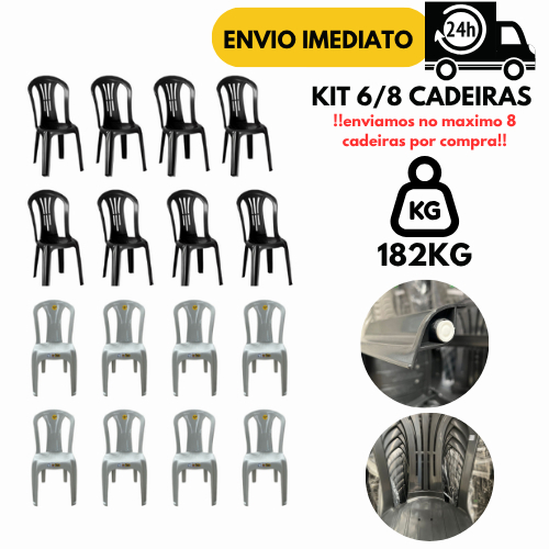 Kit 8/6 Cadeira Bistrô Branca Preta 182Kg Plástica Resistente P/Igreja Jardim Escritório Bar Piscina
