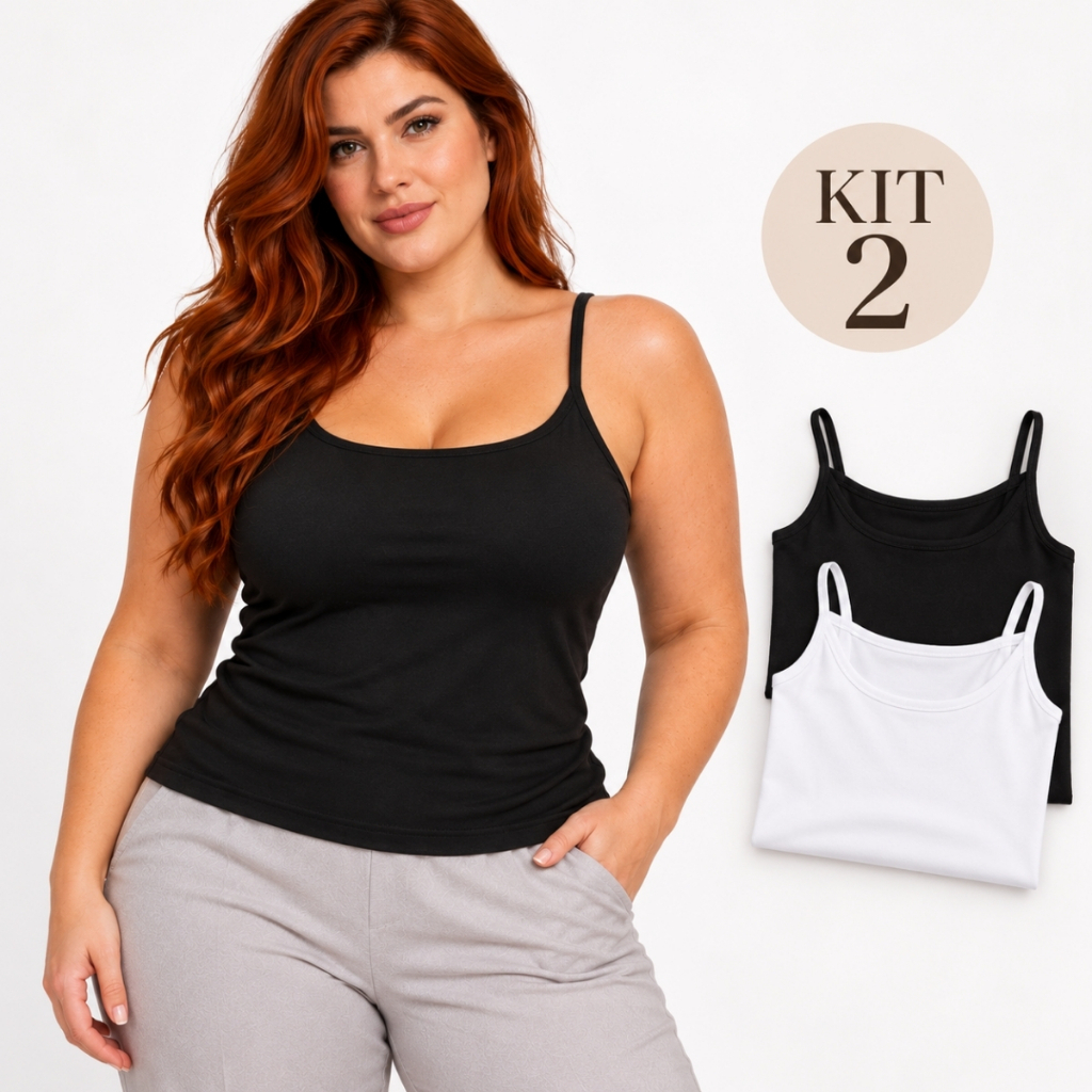 Kit 2 Regatas Femininas de Alcinha Básicas Viscose Premium com Elastano P ao G5 Plus Size