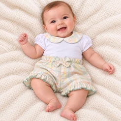 Conjunto Bebê Menina Body Branco e Short Xadrez com Laço Helena
