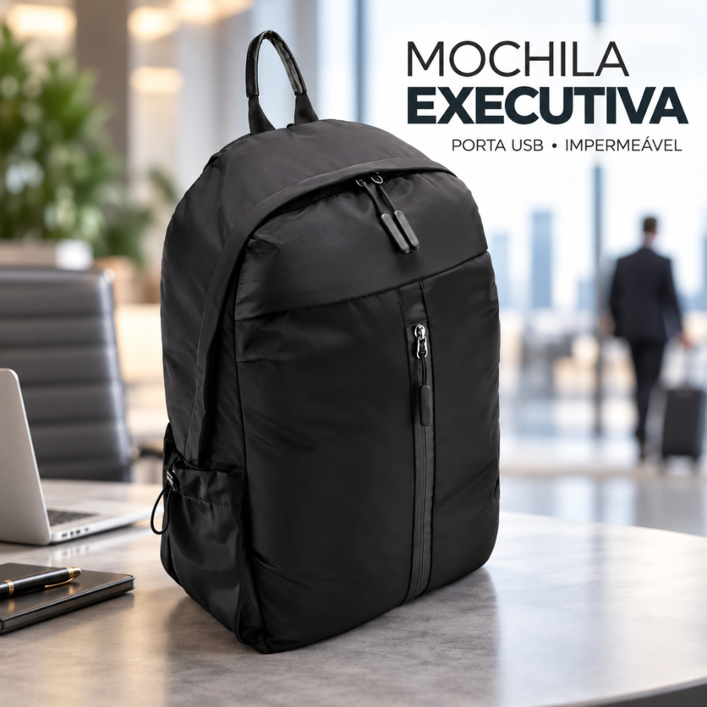 Mochila Impermeável Executiva Preta Para Notebook Com Porta USB Externa