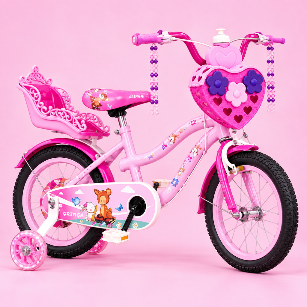 Bicicleta Infantil Menina Aro 14 rosa shock Lovers 1 LED Baú Traseiro Cestinha Coração Garrafinha Pneu