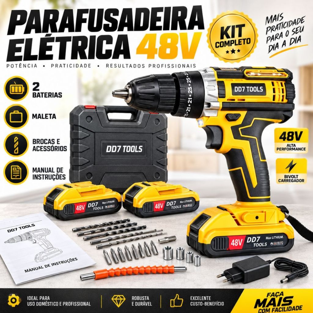 Parafusadeira Furadeira Sem Fio 48V 2 Baterias Lítio Kit Maleta Acessórios 2 Velocidades Luz LED Uso Doméstico