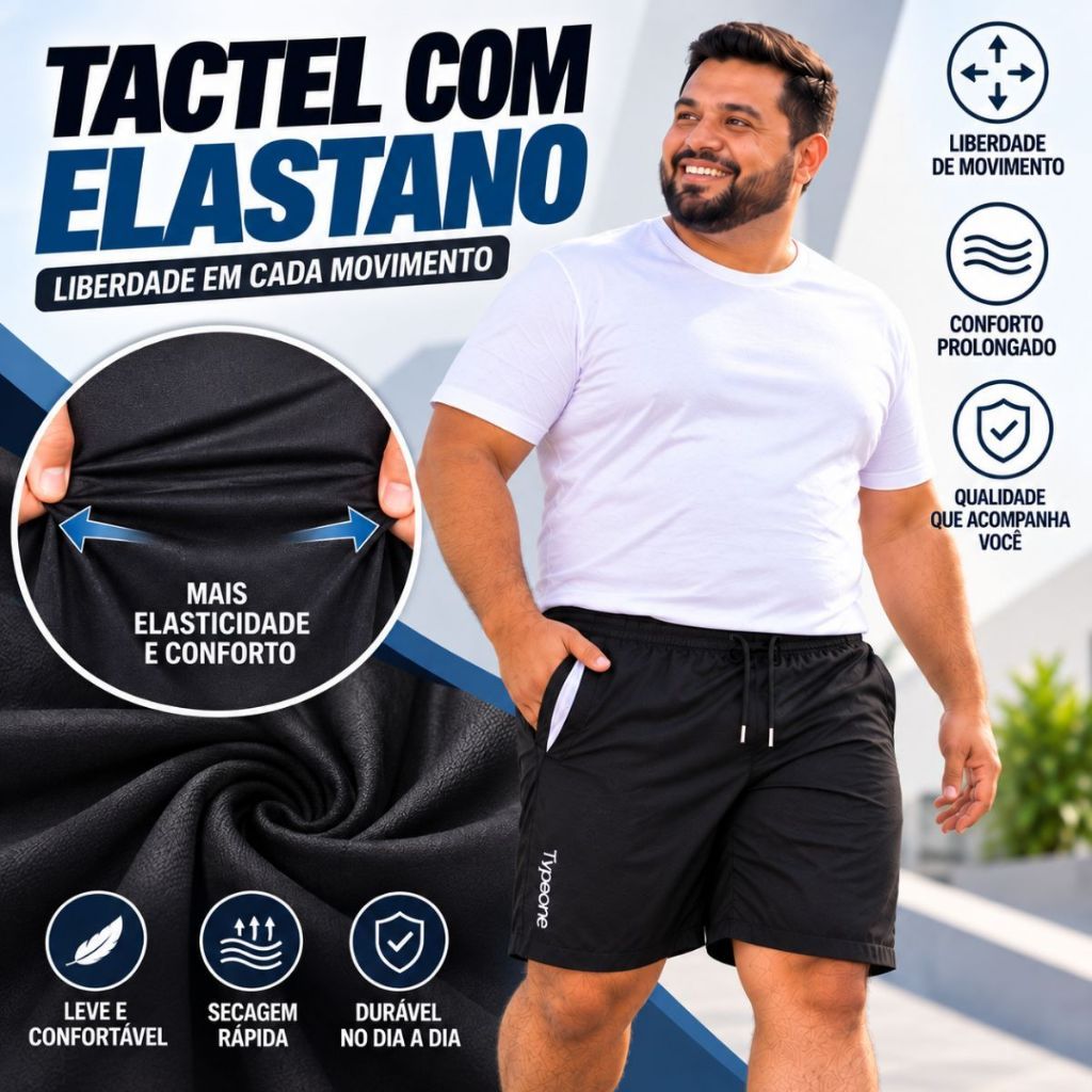 Short Tactel Elastano Plus Size Masculino Ajuste Cordão Conforto Versatilidade Praia Academia G1 G2 G3