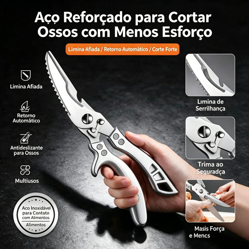 Tesoura de Cozinha Multiuso em Aço Inox para Carnes Frango Peixes e Legumes