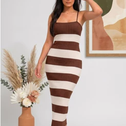 Vestido tricot Modal listrado Trançado nas Costas Canelado Costa Nua Verão