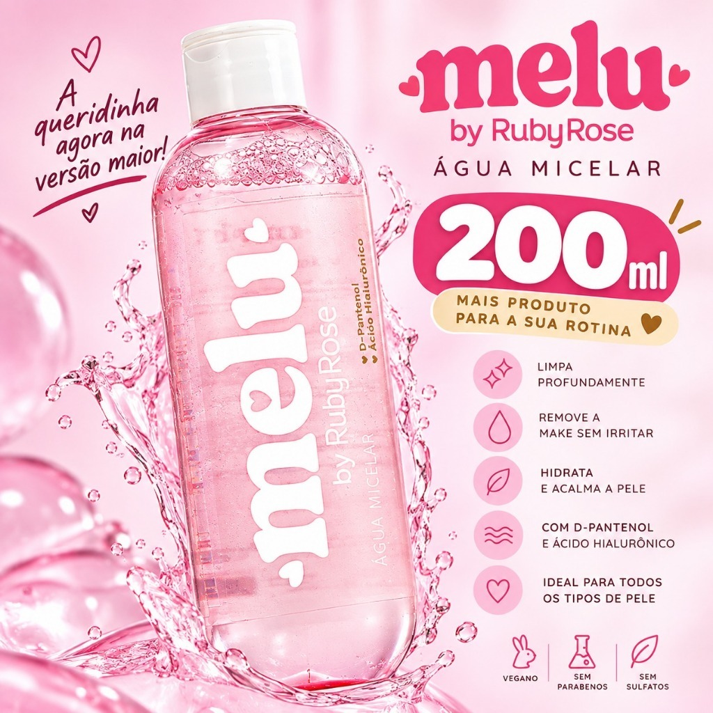 200ml Água Micelar Melu Demaquilante Limpeza Facial Hidratação Sem Ressecar