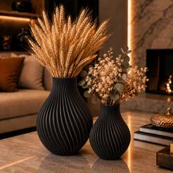 Kit 2 Vasos 15cm e 13cm Decorativos Canelados Modernos para Sala Quarto e Aparador