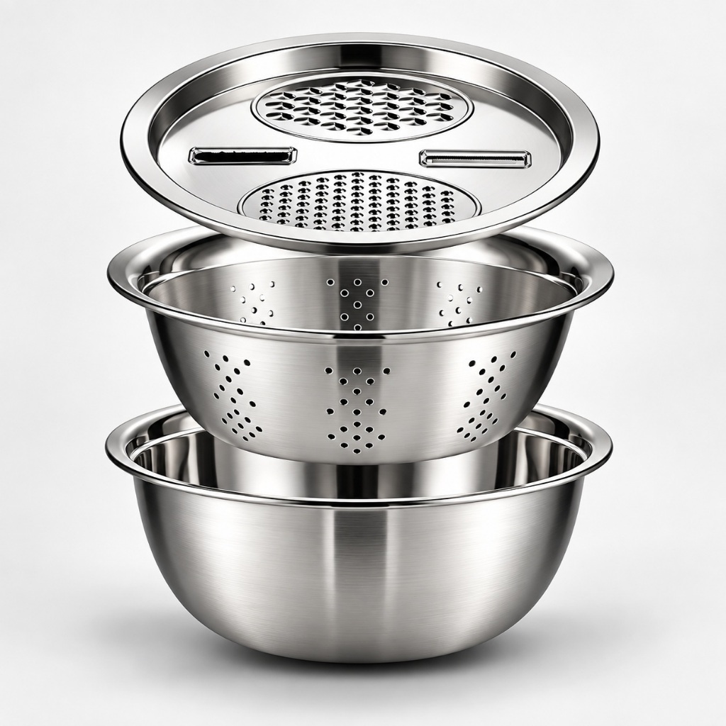 Ralador Tigela 4 em 1 Fatiador Legumes Aço Inox Bacia Bowl Kit Multifuncional Cozinha Queijo Legumes Saladeira Cortador