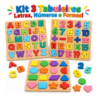 Kit 3 Tabuleiros Alfabeto Infantil Letras Números Formas Geométricas Brinquedo Educativo Madeira Pedagógico Atacarejo