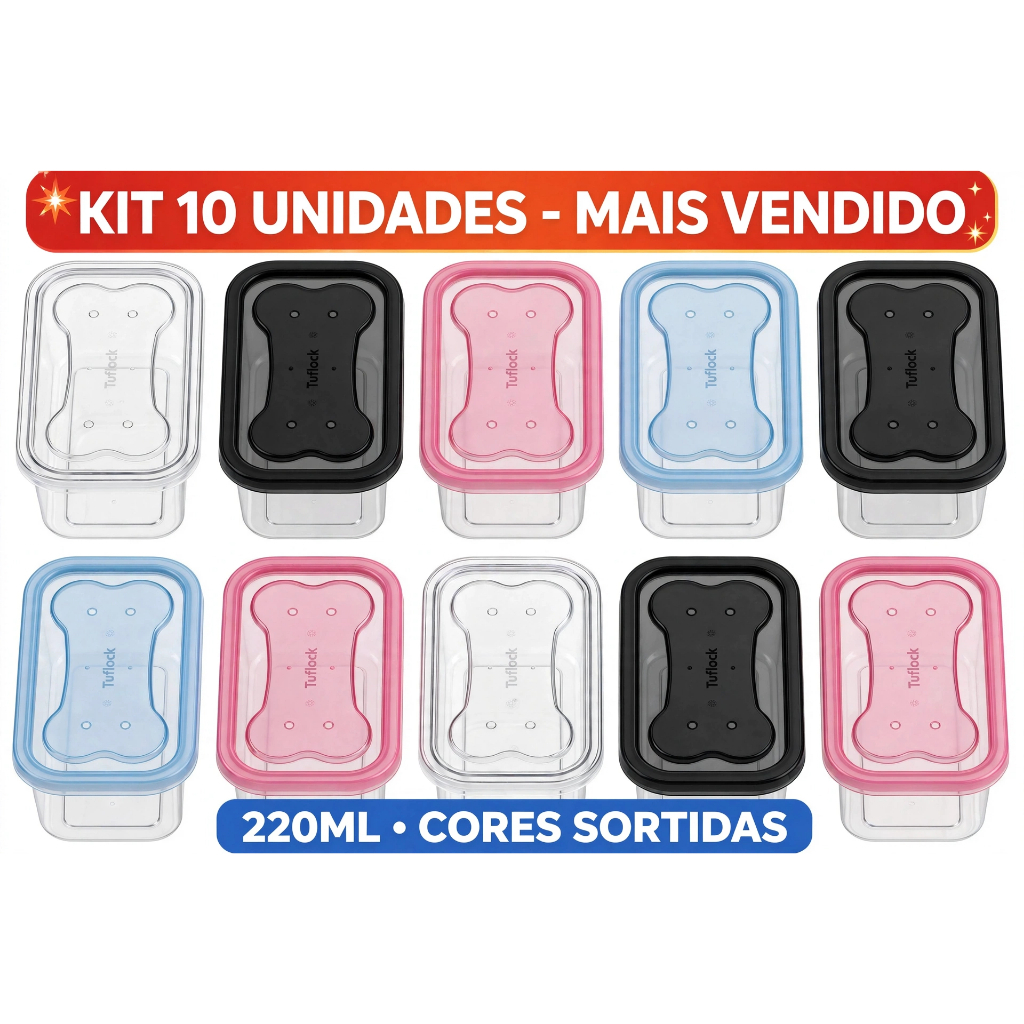 Kit 10 Pote 220ml Retangular Com Tampa Preta Rosa Azul Transparente - Micro-ondas e Freezer