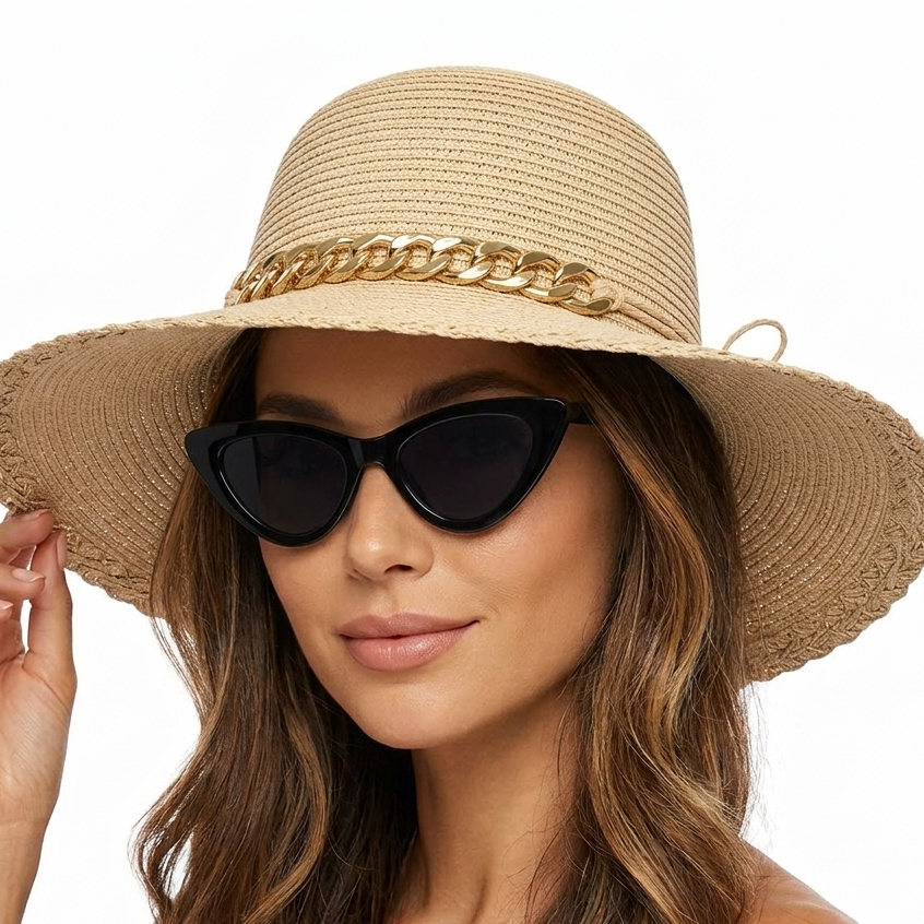 Chapéu de Praia Feminino Aba Larga com Laço e Corrente + Óculos De Sol Gatinho UV400 Fashion Piscina e Resort