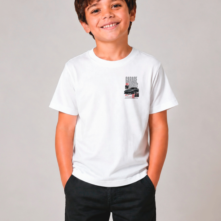 Camiseta Infantil Dia Das Crianças Garage Nights 2 Unissex Streetwear Racing 100% Algodão Premium Estampa Exclusiva