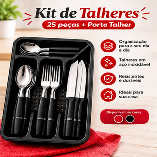 Jogo De Talheres 25 Peças Aço Inox Com Organizador Porta Talheres Cozinha Completo