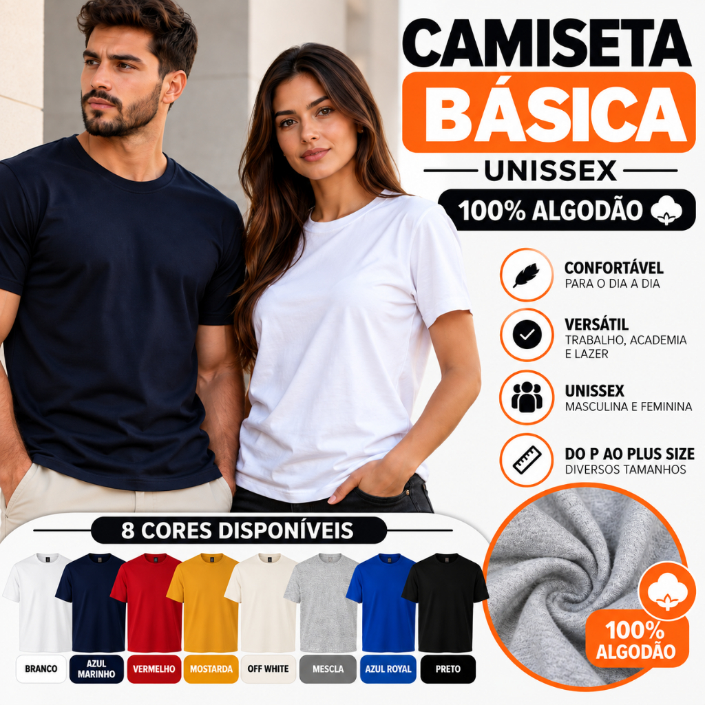 Camiseta Básica Unissex 100% Algodão Lisa Masculina Feminina Confortável Plus Size