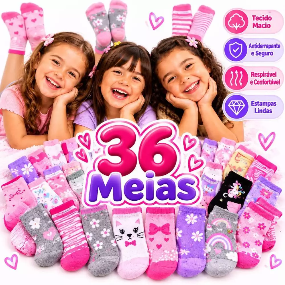 Kit Meias Meninas Bebê e Infantil 6 a 36 Meias Antiderrapantes Estampas Coloridas e Divertidas Criança 0 a 10 Anos