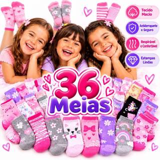 Kit Meias Meninas Bebê e Infantil 6 a 36 Meias Antiderrapantes Estampas Coloridas e Divertidas Criança 0 a 10 Anos