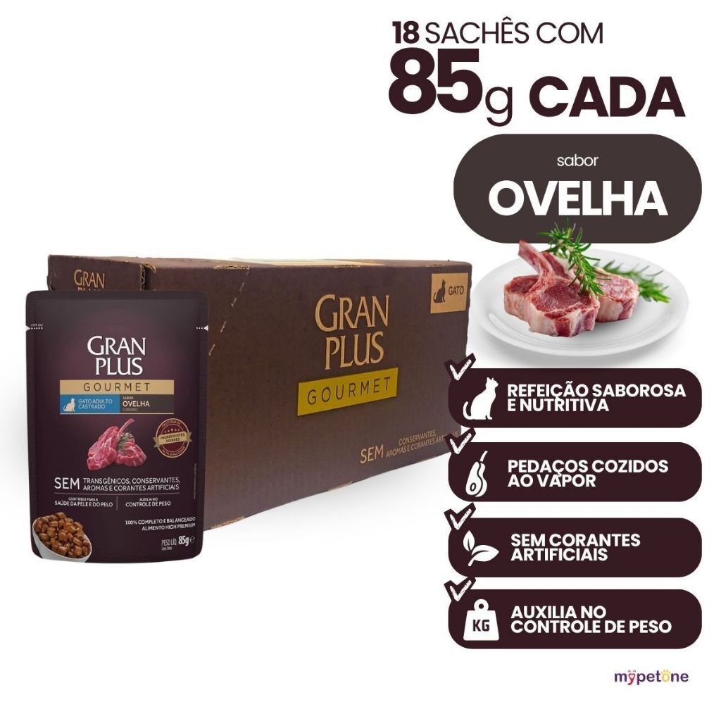 Ração Úmida Sachê GranPlus Gourmet Sabor Ovelhas Gatos Castrados Caixa 18 Un 85g