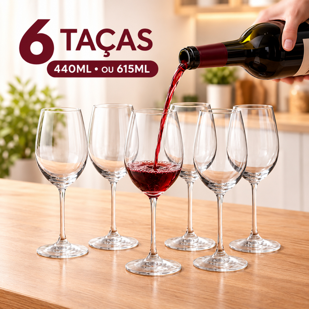 Kit Jogo 6 Taças de Cristal para Vinho 440ml ou 615ml Transparente Elegante Mesa Posta