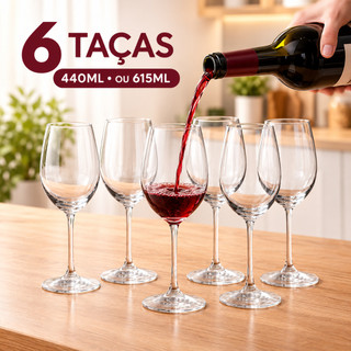 Kit Jogo 6 Taças de Cristal para Vinho 440ml ou 615ml Transparente Elegante Mesa Posta