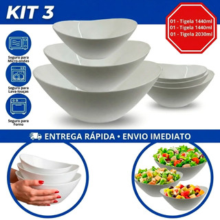 Kit Jogo de tigelas 3 peças Travessas Oval em Vidro Temperado opaline kit tigela Branca
