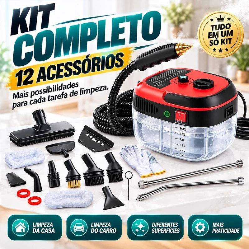 Festa Limpador a Vapor Multiuso 2500W 1,2L Kit Completo 12 Acessórios para Casa Cozinha e Carro